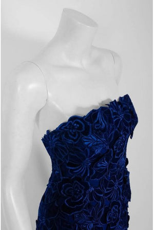 2015 Givenchy Haute-Couture Cobalt Blue Velvet Applique Strapless Fishtail Gown