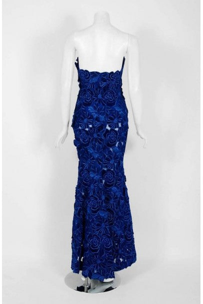 2015 Givenchy Haute-Couture Cobalt Blue Velvet Applique Strapless Fishtail Gown
