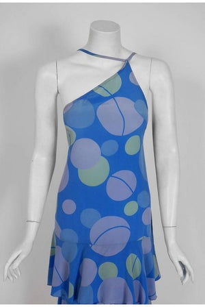 1975 Karl Lagerfeld for Chloe Periwinkle Print Silk Asymmetric Dress