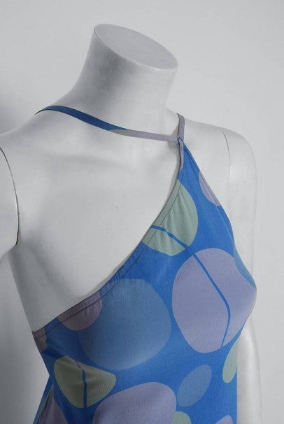 1975 Karl Lagerfeld for Chloe Periwinkle Print Silk Asymmetric Dress