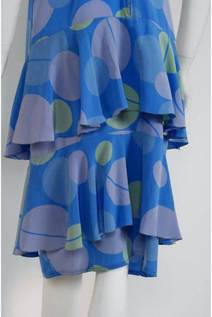 1975 Karl Lagerfeld for Chloe Periwinkle Print Silk Asymmetric Dress