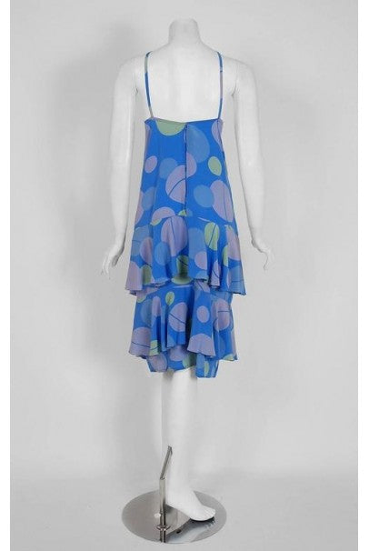 1975 Karl Lagerfeld for Chloe Periwinkle Print Silk Asymmetric Dress