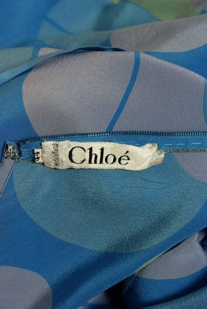 1975 Karl Lagerfeld for Chloe Periwinkle Print Silk Asymmetric Dress