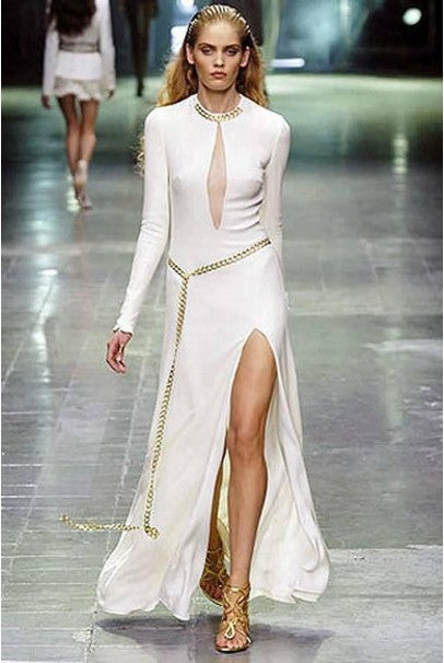 2006 Alexander McQueen White Silk Crepe Chain Plunge High-Slit Hourglass Gown