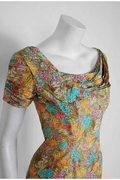 1950's Ceil Chapman Watercolor Floral Garden Print-Silk Ruched Cocktail Dress