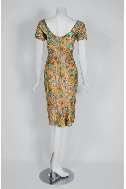 1950&#39;s Ceil Chapman Watercolor Floral Garden Print-Silk Ruched Cocktail Dress