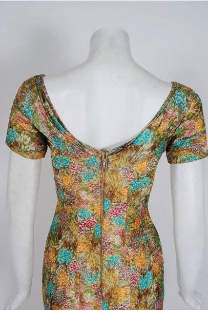 1950&#39;s Ceil Chapman Watercolor Floral Garden Print-Silk Ruched Cocktail Dress