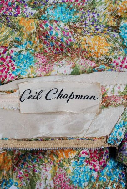 1950&#39;s Ceil Chapman Watercolor Floral Garden Print-Silk Ruched Cocktail Dress