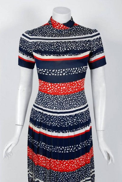 1968 Christian Dior Demi-Couture London Stripe Silk Pleated Drop-Waist Dress