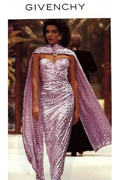 1990 Givenchy Haute-Couture Lavender Leopard Print Silk-Velvet Strapless Gown