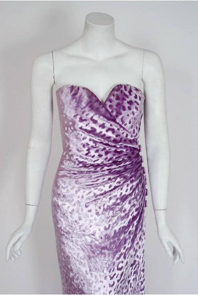 1990 Givenchy Haute-Couture Lavender Leopard Print Silk-Velvet Strapless Gown