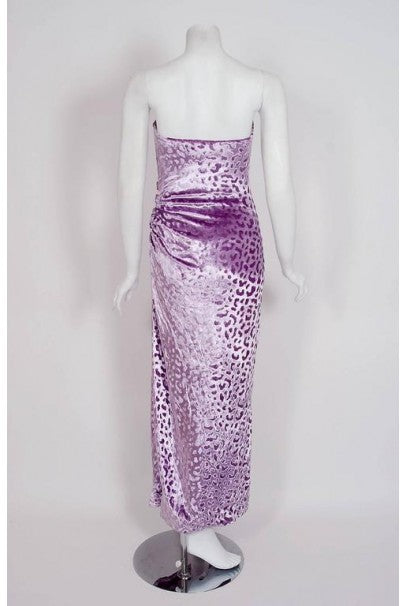 1990 Givenchy Haute-Couture Lavender Leopard Print Silk-Velvet Strapless Gown