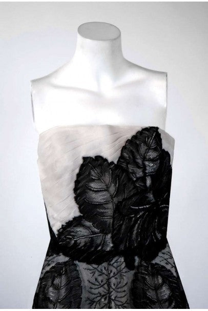 1951 Hattie Carnegie Black &amp; White Lace Illusion Asymmetric Strapless Gown