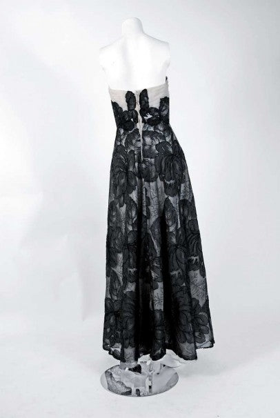 1951 Hattie Carnegie Black &amp; White Lace Illusion Asymmetric Strapless Gown