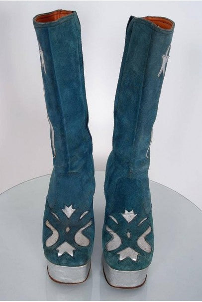 1970's Turquoise-Blue Suede & Silver Leather Novelty Glam-Rock Platform Boots