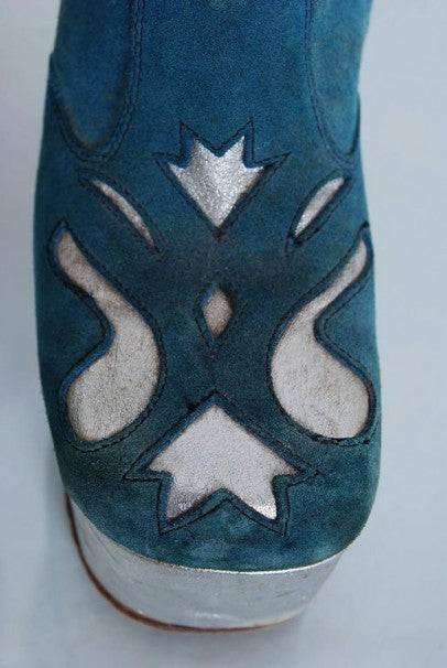 1970&#39;s Turquoise-Blue Suede &amp; Silver Leather Novelty Glam-Rock Platform Boots