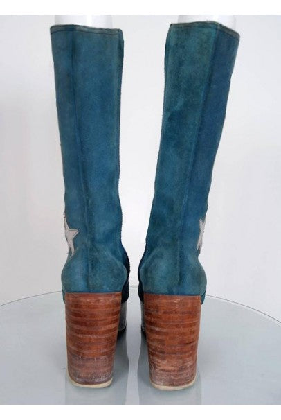 1970&#39;s Turquoise-Blue Suede &amp; Silver Leather Novelty Glam-Rock Platform Boots