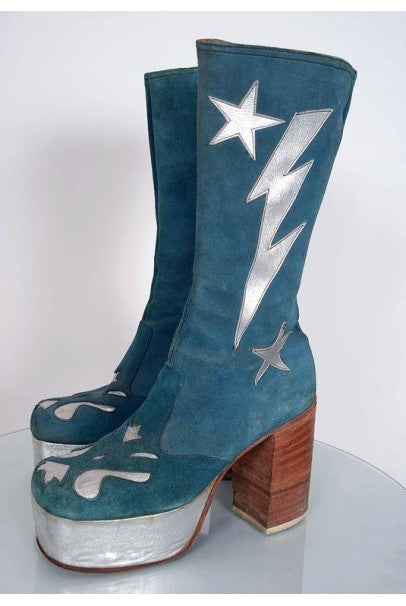 1970&#39;s Turquoise-Blue Suede &amp; Silver Leather Novelty Glam-Rock Platform Boots