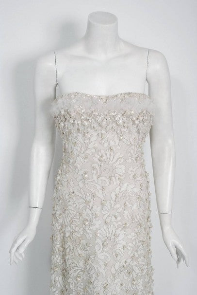 1965 Pierre Balmain Haute-Couture Ivory Beaded Metallic Lace Strapless Gown