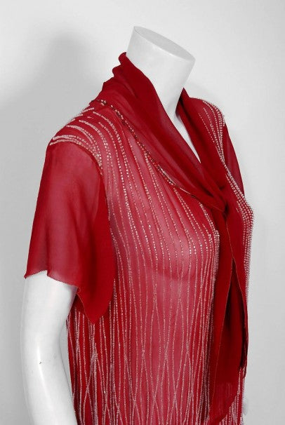 1920&#39;s Burgundy Red Beaded Deco Floral Silk Scarf-Tie Couture Flapper Dress