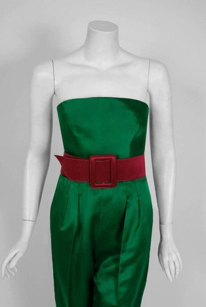 1991 Givenchy Haute-Couture Green Pink Satin Strapless Belted Jumpsuit & Jacket