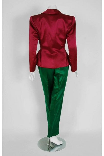 1991 Givenchy Haute-Couture Green Pink Satin Strapless Belted Jumpsuit &amp; Jacket