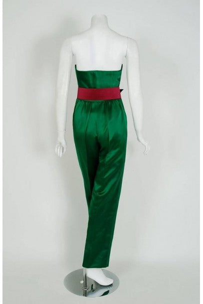1991 Givenchy Haute-Couture Green Pink Satin Strapless Belted Jumpsuit &amp; Jacket