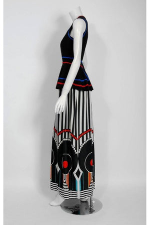 1970 Jean Varon Documented Linen & Jersey Graphic Print Peplum Maxi Dress