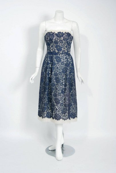 1959 Pierre Balmain Paris Navy Lace Illusion Strapless Cocktail Dress Ensemble