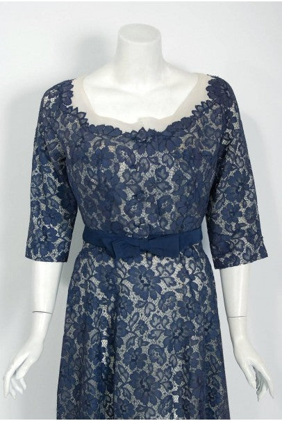 1959 Pierre Balmain Paris Navy Lace Illusion Strapless Cocktail Dress Ensemble