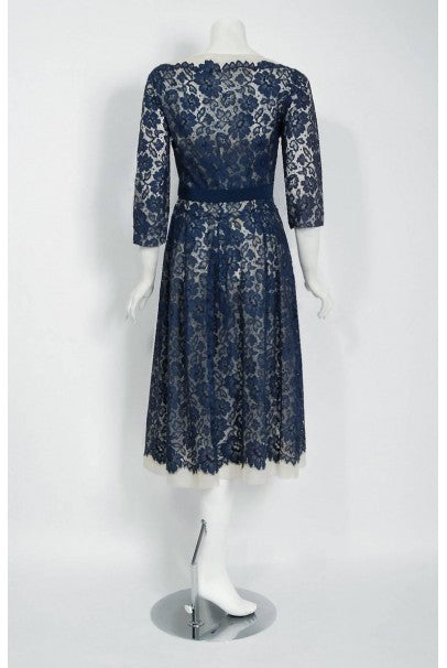 1959 Pierre Balmain Paris Navy Lace Illusion Cocktail Dress Ensemble - Timeless Vixen 1959 Pierre Balmain Paris Navy Lace Illusion Cocktail Dress Ensemble - Timeless Vixen