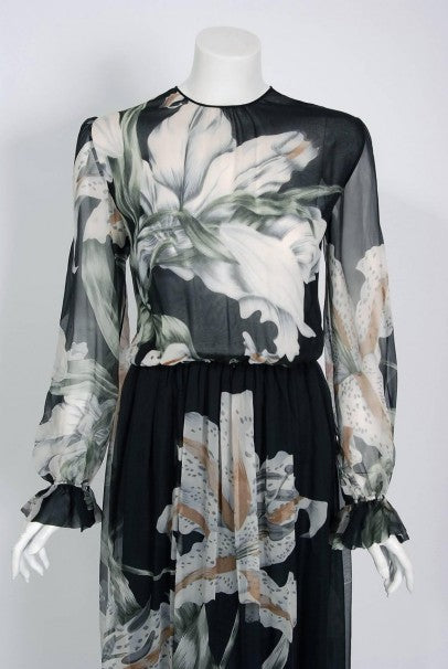 1977 Hanae Mori Couture Black Floral Print Silk-Chiffon Goddess Gown w/Tags