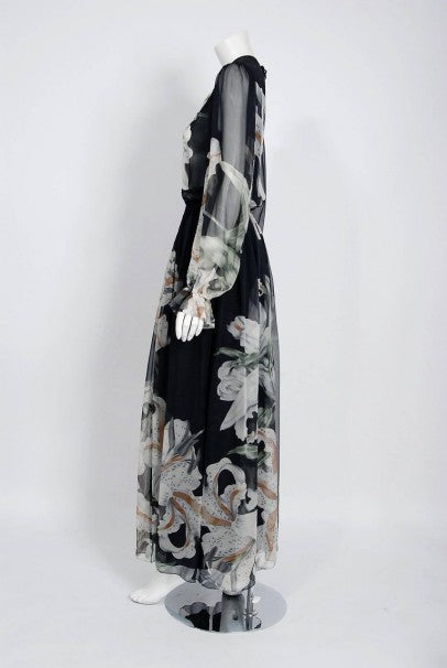 1977 Hanae Mori Couture Black Floral Print Silk-Chiffon Goddess Gown w/Tags