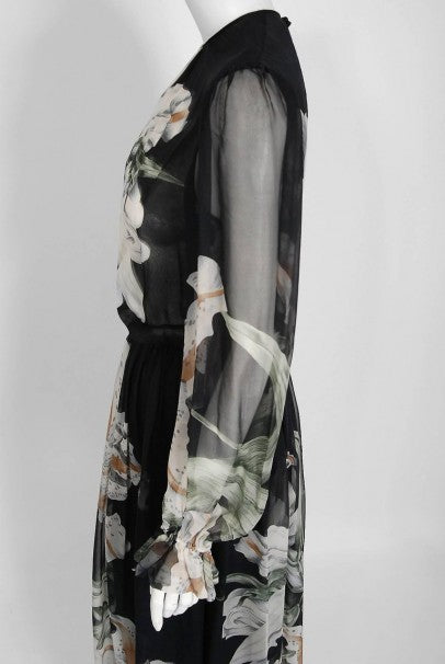 1977 Hanae Mori Couture Black Floral Print Silk-Chiffon Goddess Gown w/Tags
