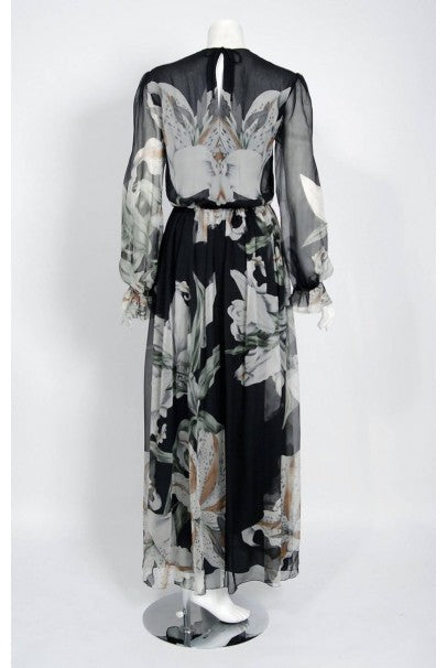 1977 Hanae Mori Couture Black Floral Print Silk-Chiffon Goddess Gown w/Tags