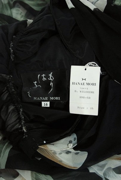 1977 Hanae Mori Couture Black Floral Print Silk-Chiffon Goddess Gown w/Tags