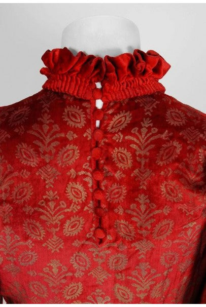 1920&#39;s Gallenga Couture Metallic Stenciled Red Velvet Angel-Sleeve Trained Gown