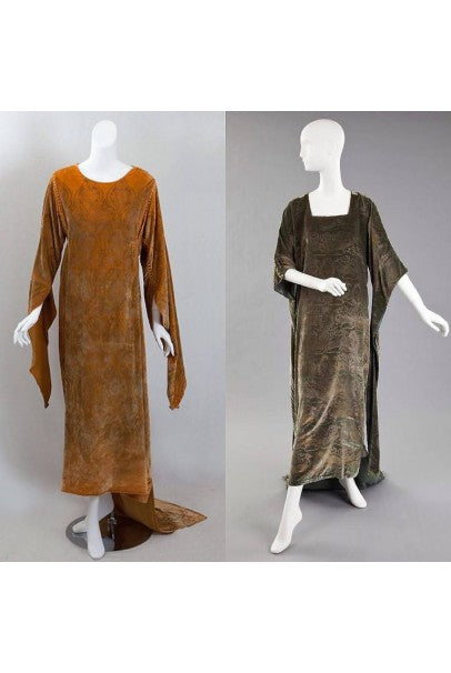 1920&#39;s Gallenga Couture Metallic Stenciled Red Velvet Angel-Sleeve Trained Gown