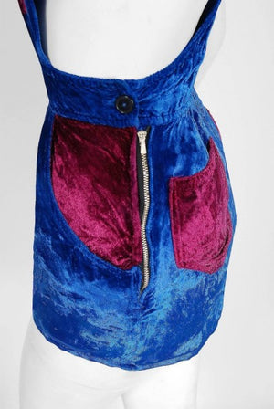 1970's Mr Freedom Blue & Purple Crushed Velvet Mod Mini Pinafore Skirt Dress