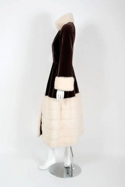 1970 Norman Norell Documented Brown Velvet &amp; Ivory-White Mink Fur Princess Coat
