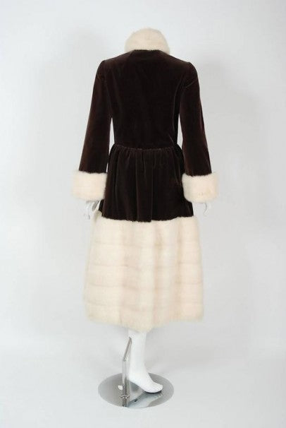 1970 Norman Norell Documented Brown Velvet &amp; Ivory-White Mink Fur Princess Coat