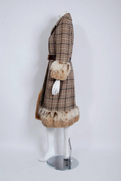1970 Christian Dior Documented Wool Tweed &amp; Lynx Fur Belted Princess Coat