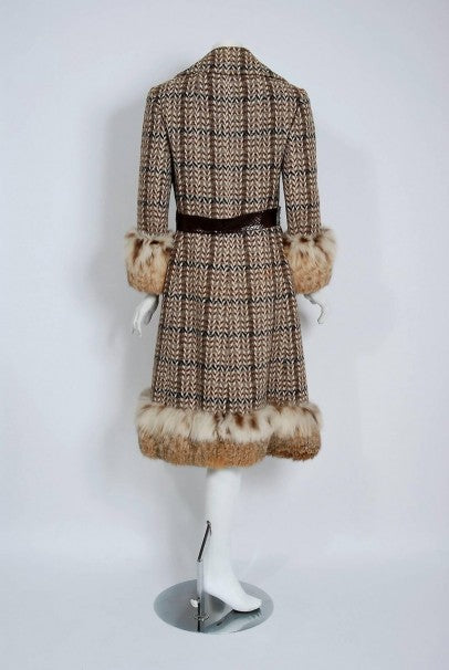 1970 Christian Dior Documented Wool Tweed &amp; Lynx Fur Belted Princess Coat