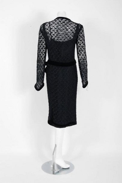 1973 Chanel Haute-Couture Black Guipure Lace &amp; Velvet Illusion Cocktail Dress