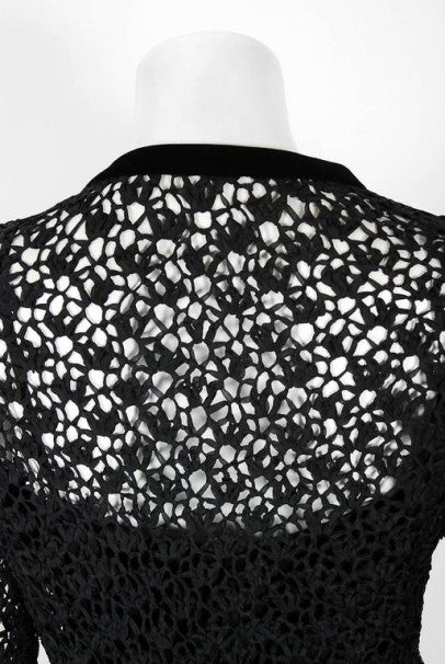 1973 Chanel Haute-Couture Black Guipure Lace &amp; Velvet Illusion Cocktail Dress