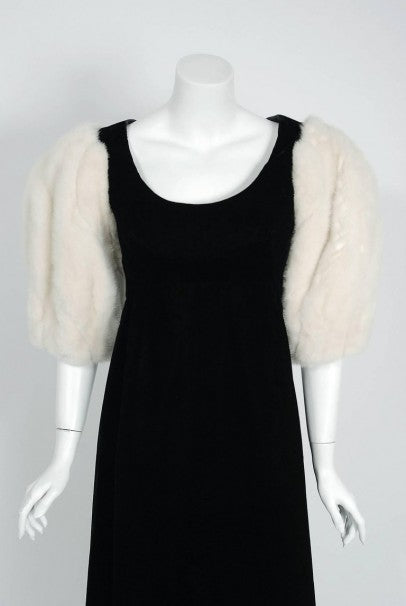 1953 Irene Lentz Couture Black Velvet &amp; Mink Fur Puff-Sleeve Gown Ensemble