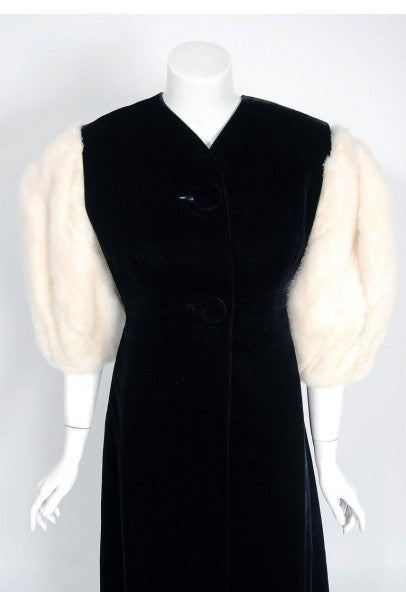 1953 Irene Lentz Couture Black Velvet &amp; Mink Fur Puff-Sleeve Gown Ensemble