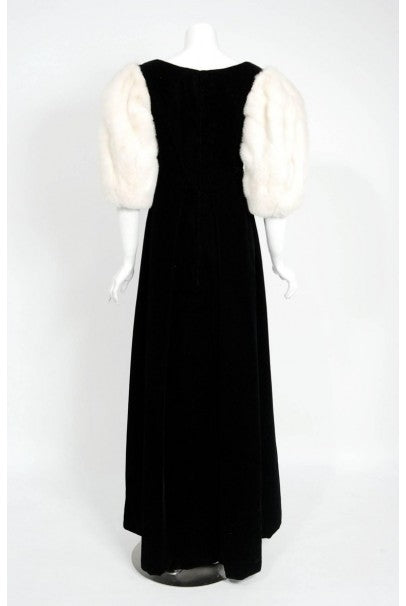 1953 Irene Lentz Couture Black Velvet &amp; Mink Fur Puff-Sleeve Gown Ensemble