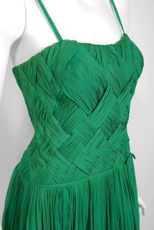 1961 Carven Demi-Couture Seafoam Green Ribbon Weave Crepe Chiffon Party Dress
