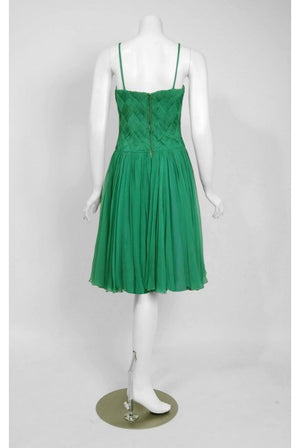 1961 Carven Demi-Couture Seafoam Green Ribbon Weave Crepe Chiffon Party Dress